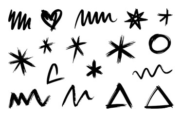 Collection of Hand-Drawn Black Brush Stroke Shapes and Symbols