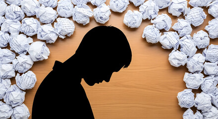 Overwhelmed Stressed Person Silhouette With Crumpled Papers