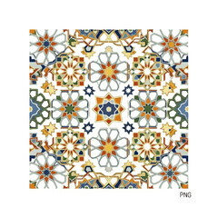 Colorful Moorish tilework design featuring symmetrical geometric stars and rosettes.
