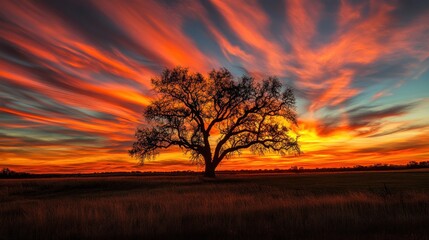 Silhouetted tree at vibrant sunset over grassland