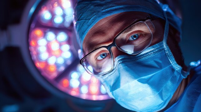 Surgeon Wearing Surgical Mask and Cap Under Operating Room Lights
