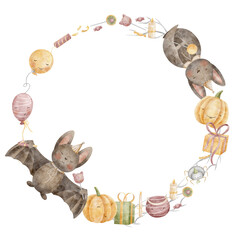 Watercolor Halloween wreath with bat, pumpkin, gifts, candies. Hand drawn illustrations in children's style, isolated from background for design templates invitations cards posters greetings packaging