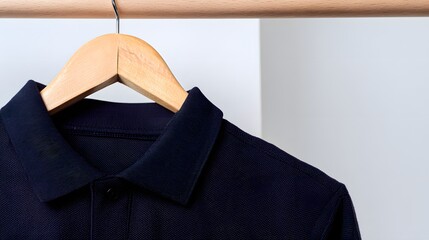 A navy short-sleeve polo shirt with ribbed details, showcasing classic casual wear.