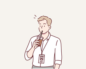 Business‘man Taking Coffee Break at Office.  Hand drawn style vector design illustrations.
