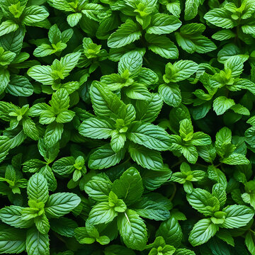 Lush green mint leaves forming a dense background pattern