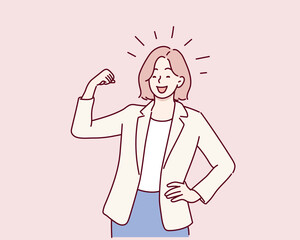 Strong Businesswoman Showing Arm Power and Confidence. Hand drawn style vector design illustrations.