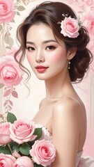Elegant woman, roses, soft hues
