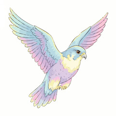 Obraz premium Dreamy watercolor illustration of a flying falcon with iridescent pastel plumage.