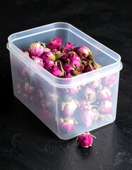 Dried rose buds in clear container