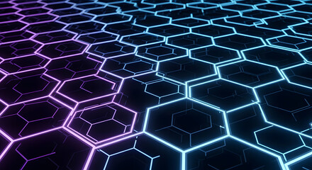 Abstract glowing hexagon network design with vibrant blue and purple neon light effects.