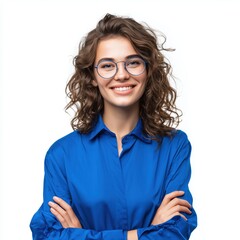Obraz premium Smiling Woman in Blue Shirt with Glasses , isolated on white background png