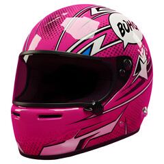 Pink Racing Helmet with Comic Design on Transparent Background