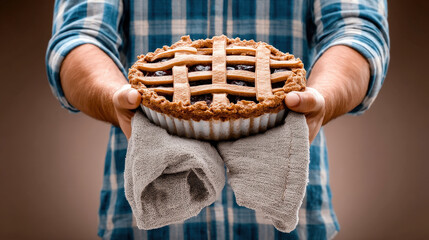 Thanksgiving gratitude expressed with freshly baked lattice pie held warmly by hands wrapped in towel ready to share delicious moment