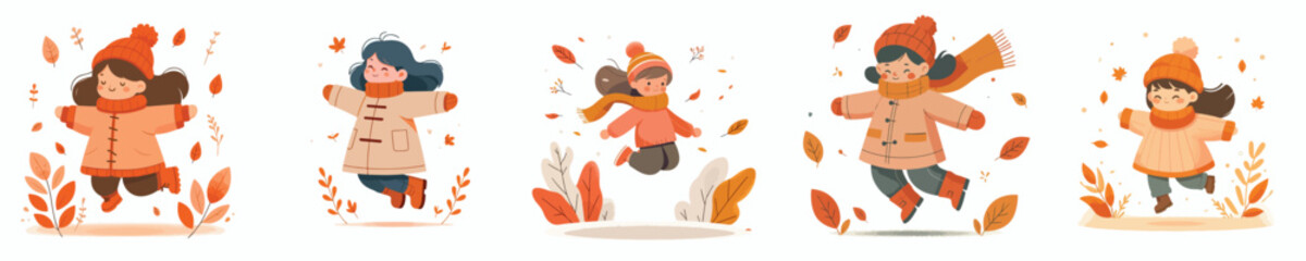 vector of little girl jumping happily in autumn