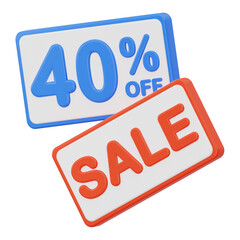 3D 40 percent off sale banner icon for retail promotion and shopping discount advertising