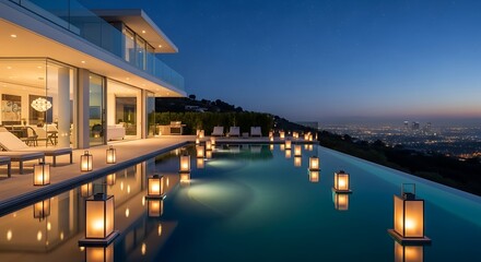 Fototapeta premium Tranquil infinity pool reflecting a city skyline under twilight glow