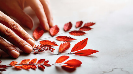 Thanksgiving gratitude expressed through arranging vibrant red autumn leaves on light surface creating warm and peaceful seasonal moment