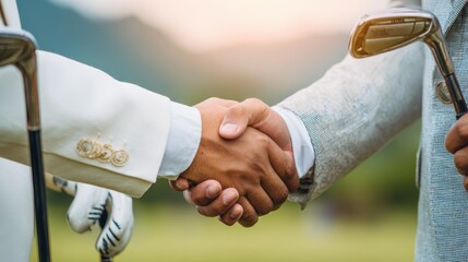 Handshake Between Two Men Holding Golf Clubs