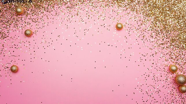 Pink background with gold glitter and baubles