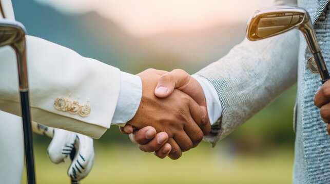 Handshake Between Two Men Holding Golf Clubs