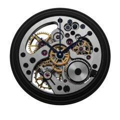Intricate Silver and Gold Gear Clock Mechanism Wall Decor: A Detailed View of a Mechanical Timepiece with Transparent Background, Perfect for Home