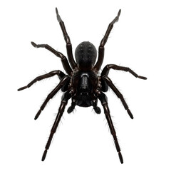 Detailed close-up of a large, hairy, black spider with eight legs, set against a white background, showcasing its detailed anatomy