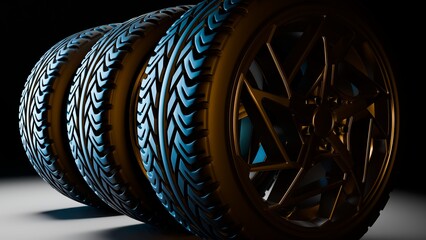 Closeup view of stylish car tires with golden alloy rims