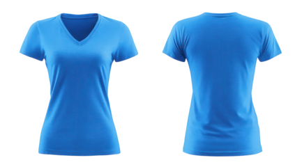 High quality photo of blue v neck t shirt front and back view isolated on transparent background.