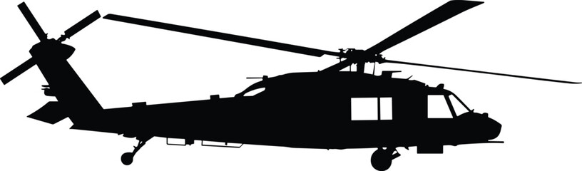 Black hawk helicopter silhouette vector illustration, military aircraft graphic design, army aviation transport icon, war helicopter artwork, combat aviation symbol isolated on white background © MdShahin