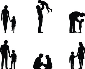 Black silhouette vector illustration of parents with children, family bonding, caring mother father and kids, parenthood relationship design for love, support, togetherness themes