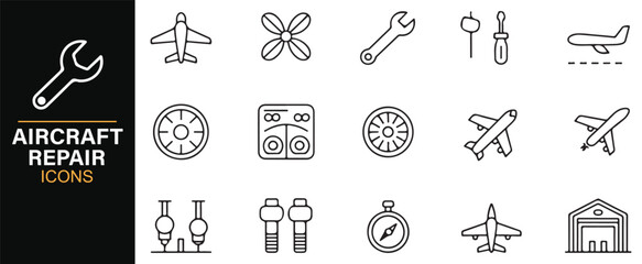 Editable aircraft repair symbol icons – airplane, landing gear, cockpit instruments, and propeller pack