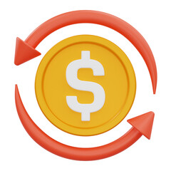 3D money funds transfer icon with dollar coin and circular arrows for finance and currency exchange