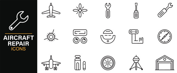 Editable stroke aircraft repair icons – aviation service, tools, and engineering vector illustrations