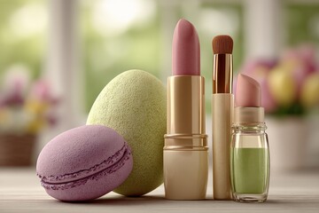 Pastel-toned makeup and Easter eggs.  Three pastel-colored Easter eggs, two macarons, and makeup items sit on a light-toned wooden surface, 