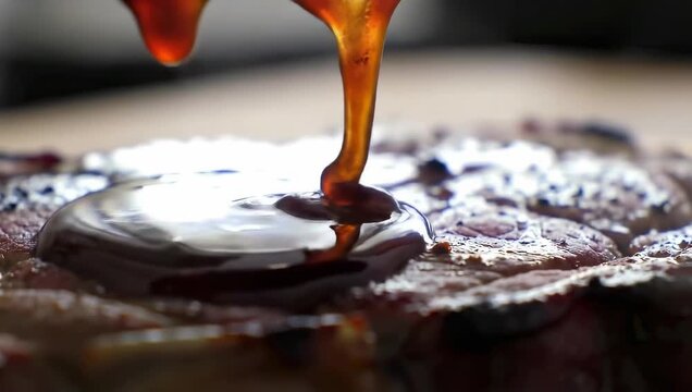 Decadent dark syrup slowly pouring over a warm homemade blueberry pancake in a delicious close-up shot