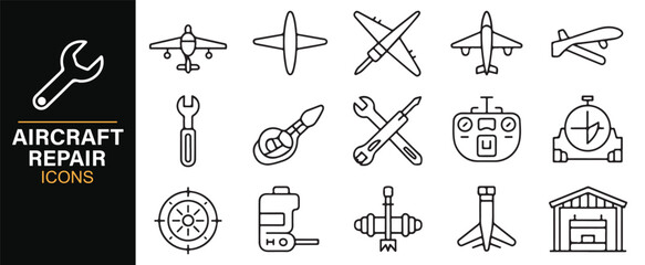 Vector aircraft repair icons – airplane, propeller, tools, cockpit, landing gear, compass, and hangar set