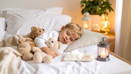 Child sleeping peacefully in bed with teddy bears