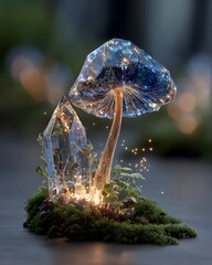 Magical crystal mushroom glows with enchanting forest fairy lights