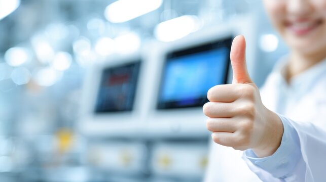 Hand Giving Thumbs-Up with Lab Setting and Screens