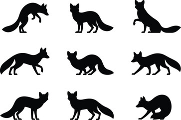 Collection of fox silhouette vector icons in different poses, wild animal design illustration set for wildlife, forest, nature, hunting, mascot, and logo themes