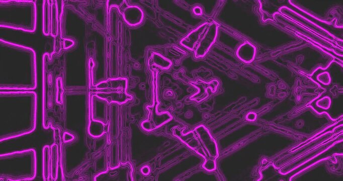 3d loop of neon pink pattern on a dark background, with glowing rings and lines.