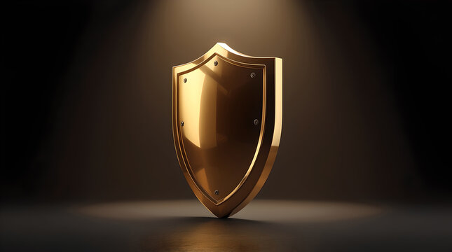 Golden shield symbol of security and protection on dark background