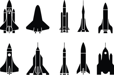 Collection of rocket silhouette vector illustrations, space shuttle icons, spacecraft launch t
