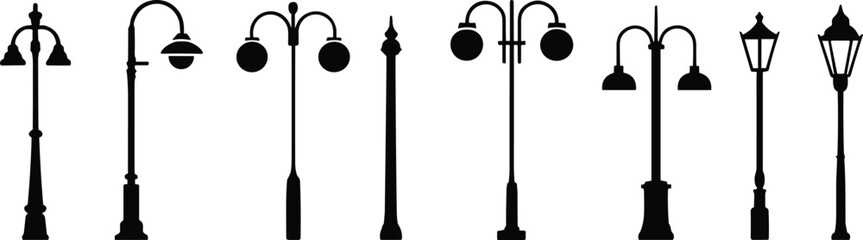 Collection of vintage and modern street lamp silhouettes, decorative urban lantern designs, classic retro streetlight vector set for city architecture, outdoor lighting, park elements