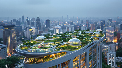 Modern High-rise with Lush Green Rooftop Garden in Urban Cityscape