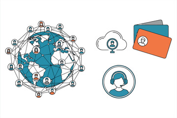 Obraz premium Global network of people connected to earth cloud and credit cards globe connection