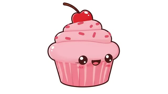Cute pink cupcake with cherry on top, cartoon style