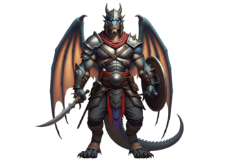 A powerful dragon warrior, clad in detailed armor, stands boldly against a black backdrop, holding a sword and shield.