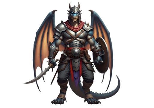 A powerful dragon warrior, clad in detailed armor, stands boldly against a black backdrop, holding a sword and shield.
