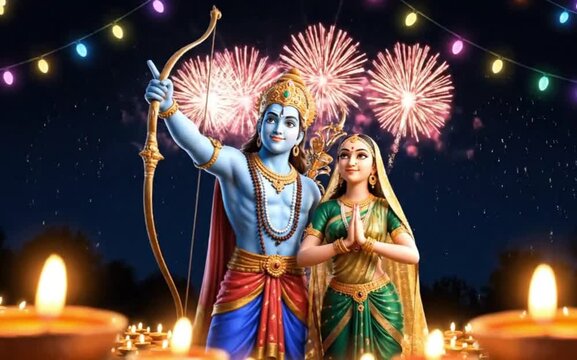Lord Rama and Sita with Fireworks &ndash; 4K Dussehra Festival Stock Visual
